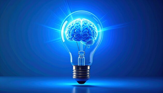 Luminous brain inside a clear incandescent bulb during innovation concept with glowing blue light on blue background