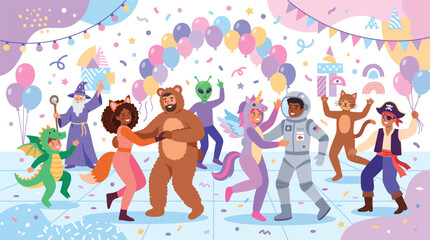 Fototapeta premium Vibrant outdoor party scene with dancing, balloons, confetti, and a diverse crowd of revelers.