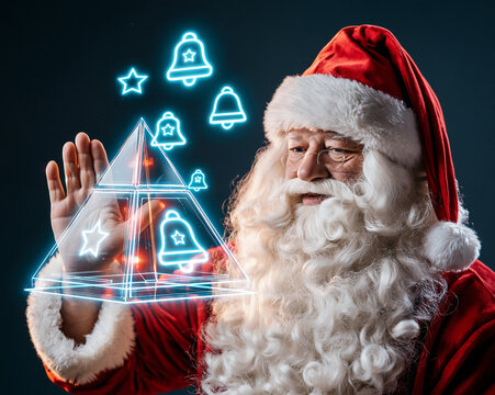 Santa Claus touching 3D pyramid hologram with floating glowing Christmas bell icons