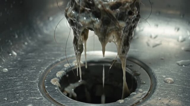 A drain-snake auger pulling a clog of hair and grey grime
