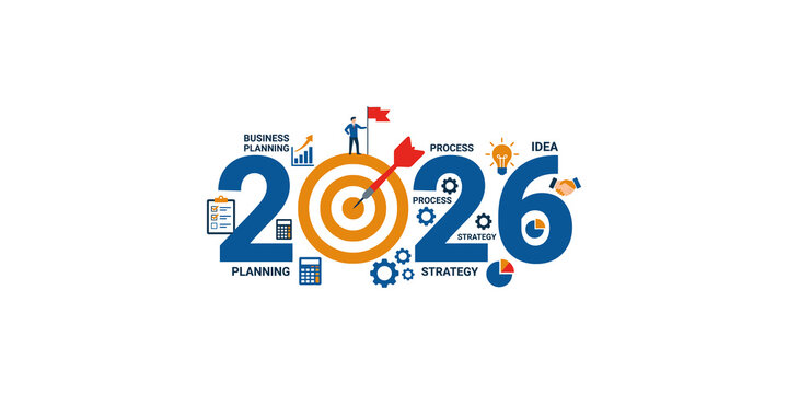 Business target 2026 concept featuring orange center bullseye with blue numbers and strategy icons for corporate planning and development.