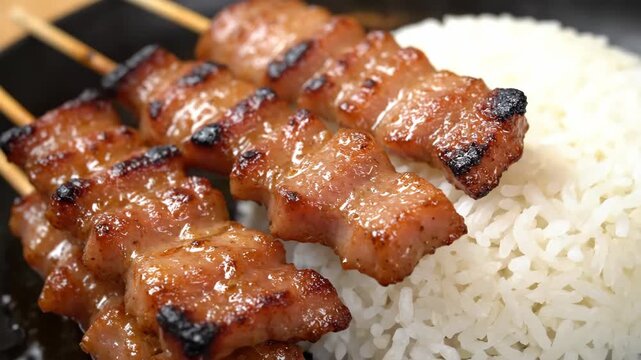 Close-up of Glossy Grilled Pork Skewers (Moo Ping) Served over Steamed White Rice, a Popular Thai Street Food Dish