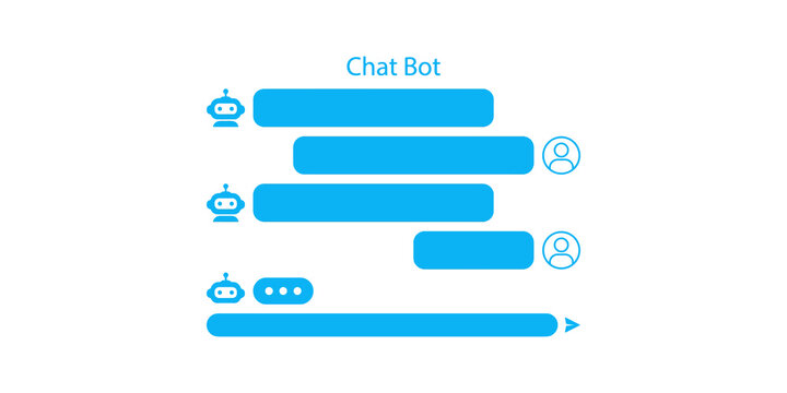 Chatbot interface template with blue rounded speech bubbles and robot user avatars for customer support system software web design.