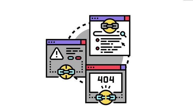 Users encountering a broken link concept with web page error messages, showing 404 not found, warning signs, and a search for missing content