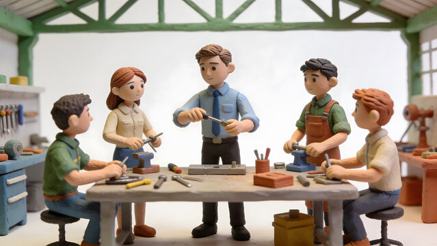 Skilled team collaborating in a workshop, using hand tools and machinery to create products, highlighting teamwork, craftsmanship, manufacturing, training and industrial work.