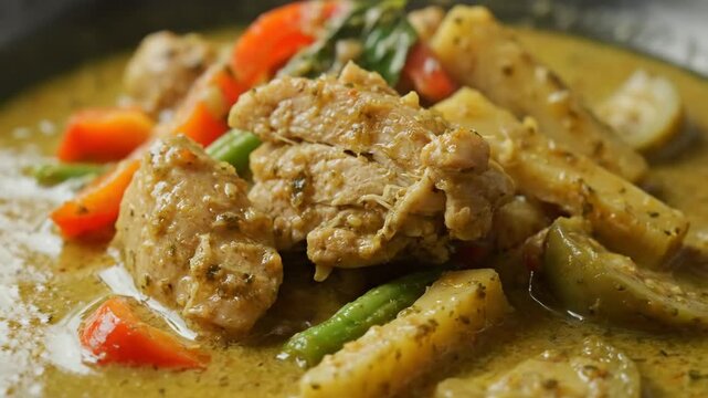 Macro Close-up of Rich Chicken and Vegetable Curry in a Creamy Green Sauce. Hearty Thai or Indian Meal Served Hot, Detailed Texture of Meat and Peppers.