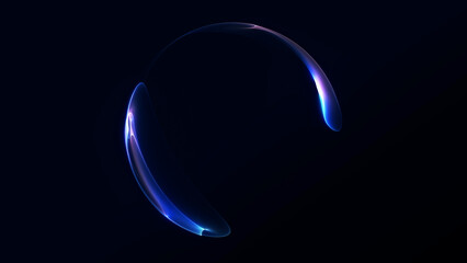 Minimal blue translucent crescent orb on a dark background with soft neon highlights and glass depth. © Vooper