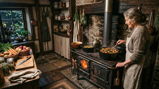 Traditional wood fired iron stove with multiple black pots simmering, cozy country kitchen rustic interior.