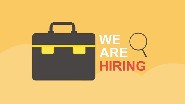 Office briefcase and display we are hiring text, job opportunity and employment.