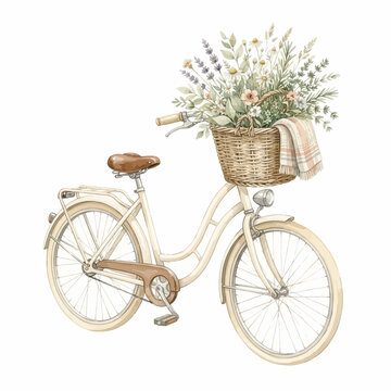 Vintage watercolor bicycle with a floral wicker basket and rustic blanket, isolated on a white background for spring designs