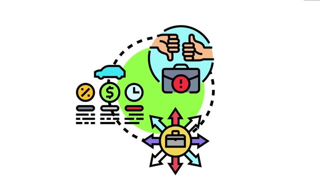 Concept showing an individual evaluating multiple career or business options, weighing different factors like time, money, and transport, leading to a decision making process