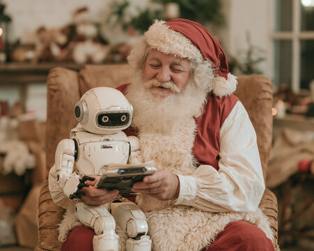 Santa Claus sitting in armchair with small humanoid robot holding digital tablet