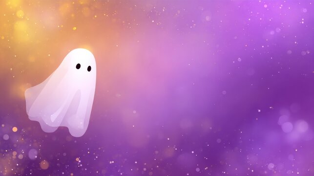 Cute white ghost floating against vibrant purple gradient background for halloween party design.