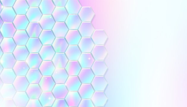 虹色に輝く六角形のハニカム構造と明るい背景イラスト