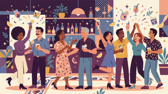 Vibrant group celebration at a lively party with dancing and confetti under bar lights.