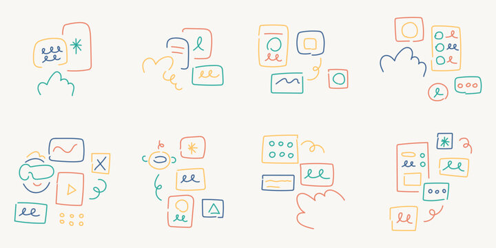 Digital workspace doodle concept. Colorful scribble icons of app interface, chat bubble, chart, VR glasses and media player.