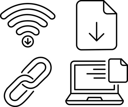 Set of four digital technology icons, wifi download, file download, link, and laptop document transfer. Editable stroke