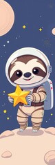 Naklejka premium Cute sloth astronaut holding a yellow star in outer space