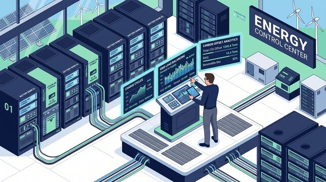Modern energy control center managing renewable grid load balancing analytics dashboard with depicts professional monitoring monitoring station overseeing