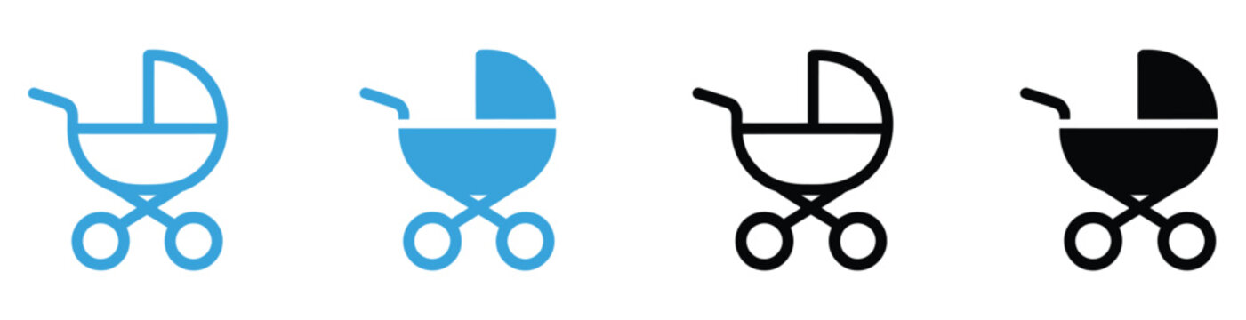Baby stroller icon set, flat pram and pushchair vector collection for child care, infant transportation, parenting, baby products, nursery, family lifestyle, mobility, and childcare service symbols.