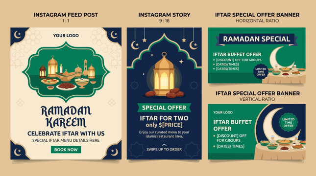 Islamic Holiday Restaurant Promotion Social Media Templates for Ramadan Kareem Iftar Special Buffet Offers and Festive Event Marketing