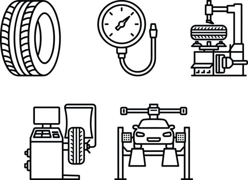 Car tire service icon set featuring wheel alignment tire pressure gauge balancing and mounting machinery outline vector