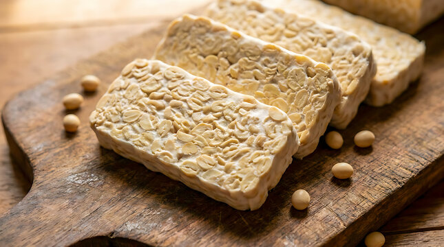 Slices of raw tempeh on a wooden cutting board.
