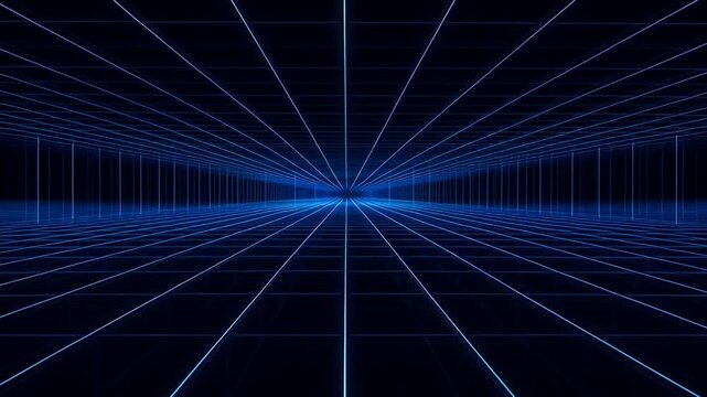 ?Futuristic blue grid tunnel journey through virtual reality pathways
