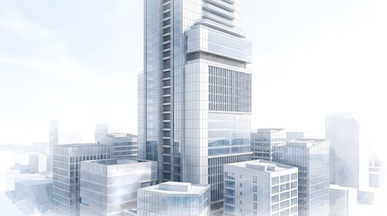 Naklejka premium Futuristic corporate tower surrounded by refined modern architectural forms.