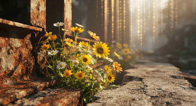 
Vibrant wildflowers blooming from a rusty industrial beam with digital binary code overlay.