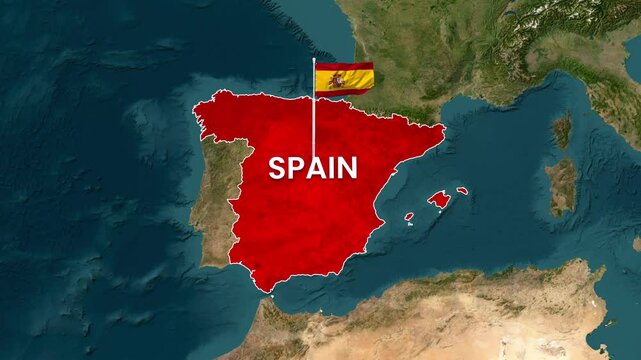 Spain map highlighted with waving national flag digital motion footage