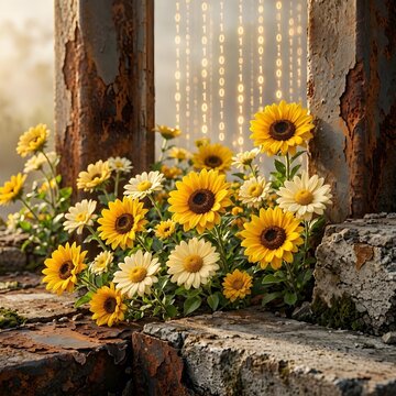 
Vibrant wildflowers blooming from a rusty industrial beam with digital binary code overlay.
