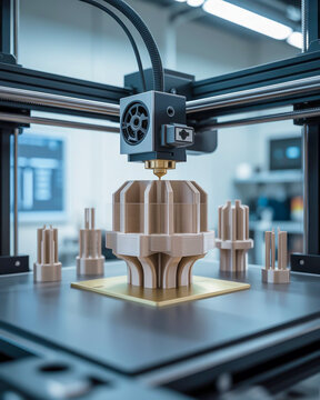 3D printer creating a complex golden object with smaller prototypes nearby 3d printer printing