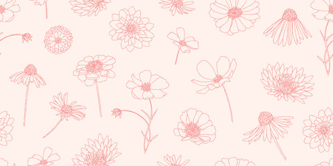 Fototapeta premium Floral seamless pattern. Hand drawn line art flowers background. Delicate botanical texture. Vector illustration.