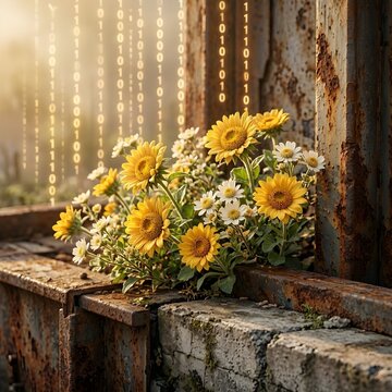 
Vibrant wildflowers blooming from a rusty industrial beam with digital binary code overlay.
