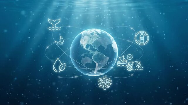 Earth Ocean Water Environment Marine Conservation Globe Nature Ecology Sustainability Ocean Pollution Protection Climate Wildlife Plastic Fish Coral Wave Energy Leaf Whale Ship Drop Blue Sea
