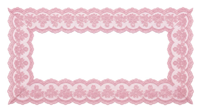 Pink floral lace ribbon border with rose motifs and scalloped edges isolated on white