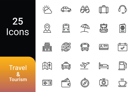 Set of 25 travel and tourism line icons