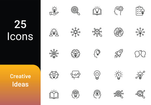 Creative ideas icons set, innovation and brainstorming symbols