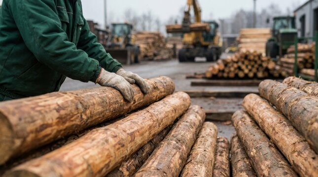 Timber production workers organizing raw wood logs at a forestry industry facility