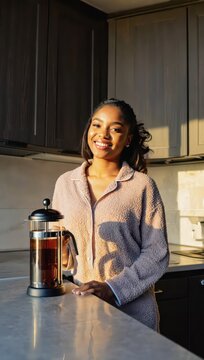 Smiling woman in cozy pajama making french press coffee in a sunlit kitchen for morning breakfast lifestyle and wellness background for hospitality and home design