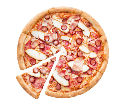 Delicious chicken bacon sausage pizza with one separated slice, isolated on transparent cutout background