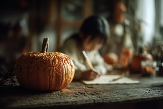 Close-up carved pumpkin on rustic wooden table with child drawing in soft evening light for halloween candlelit porch background and autumn decoration