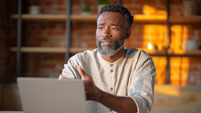 Confident man engaging in online video meeting with focus on communication and expression