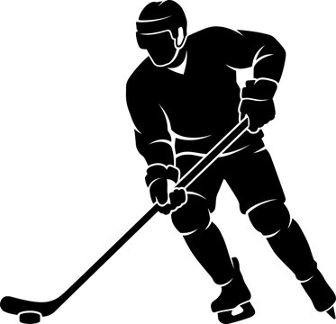 Ice hockey player silhouette in action handling a puck with a stick.