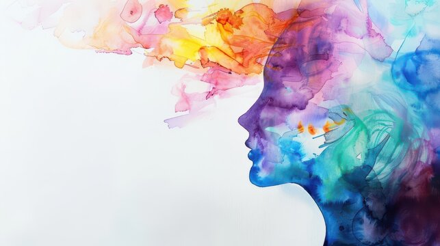 Abstract watercolor side profile in vivid colors for national mental health screening month background and awareness poster design. Horizontal banner. Copy space