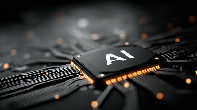 Central processing unit microchip with AI letters on circuit board with glowing orange lights. Concept for artificial intelligence, machine learning, technology, and illustration.