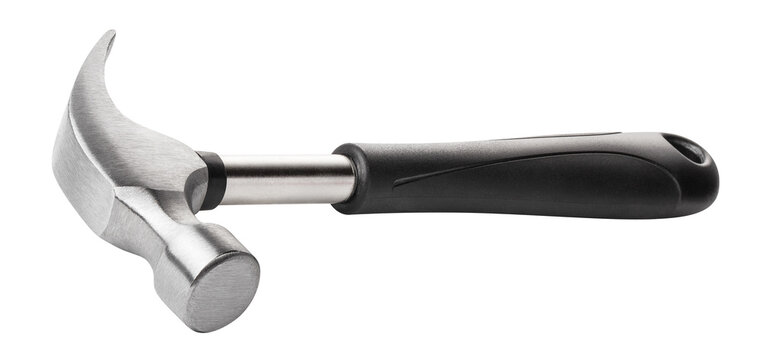 Metal carpenter hammer with ergonomic grip, isolated on transparent cutout background