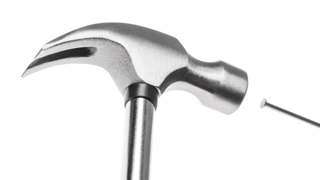 Claw hammer hitting metal nail, isolated on transparent cutout background