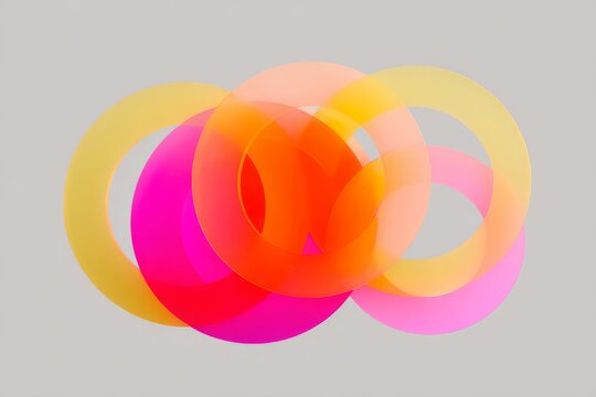 Overlapping translucent conic rings in lemon coral and magenta on neutral background for abstract poster and graphic design
